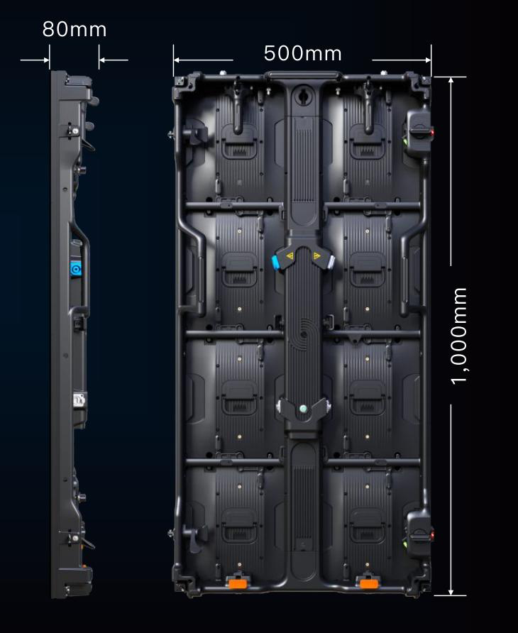 Dimension drawing of the P2.6mm panel: 500mm wide, 1000mm high, 80mm deep